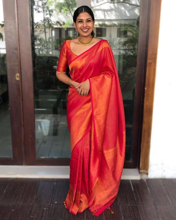 TOMETO RED SAREE WITH COPPER ZARI WEAVING