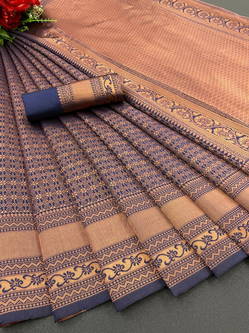 PURE SILK SAREE IN NEVY BLUE COLOR WITH COPPER ZARI