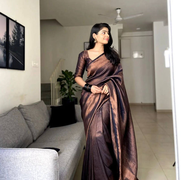 SHINE BLACK COLOR Soft Silk SAREE WITH COPPER ZARI WEAVING