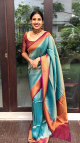 RAMA COLOR SAREE WITH MAROON BORDER COPPER ZARI WEAVING WITH MAROON BROCADE BLOUSE