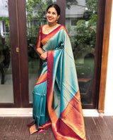 RAMA COLOR SAREE WITH MAROON BORDER COPPER ZARI WEAVING WITH MAROON BROCADE BLOUSE