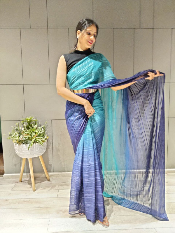 1-MIN READY TO WEAR SAREE IN PREMIUM NEVY BLUE CHIFFON WITH ZARI PATTA