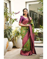 Pure Banarasi Silk Saree In Green Color With Copper Zari Border Pattu