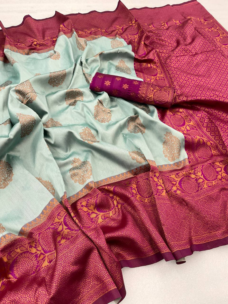 Pure Banarasi Silk Saree In Sky Blue Color With Copper Zari Work