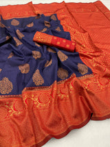 Pure Banarasi Silk Saree In Nevy Blue Color With Royal Border Pattu