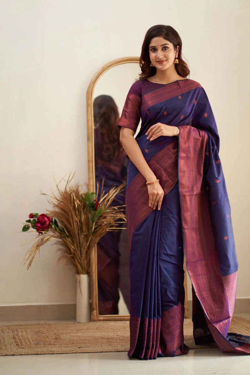 Nevy Blue Banarasi Saree With Royal Copper Zari Border