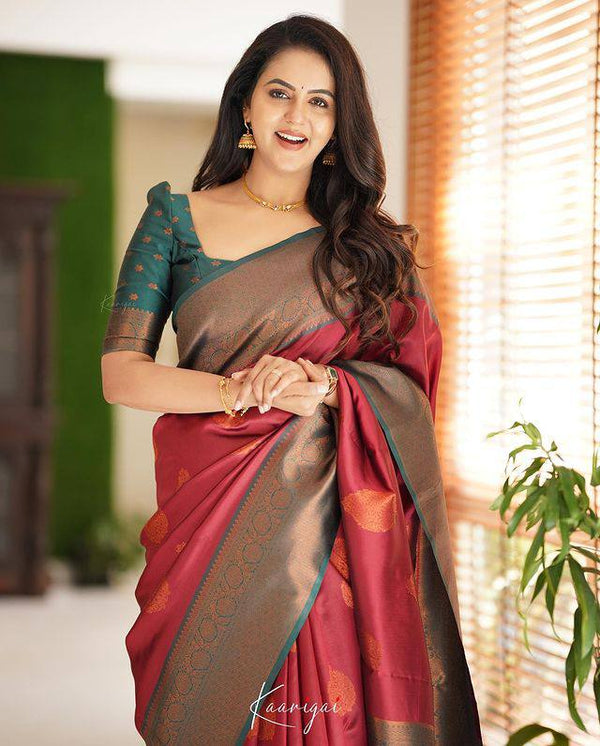 Pure Banarasi Silk Saree In Maroon Color With Royal Border Pattu