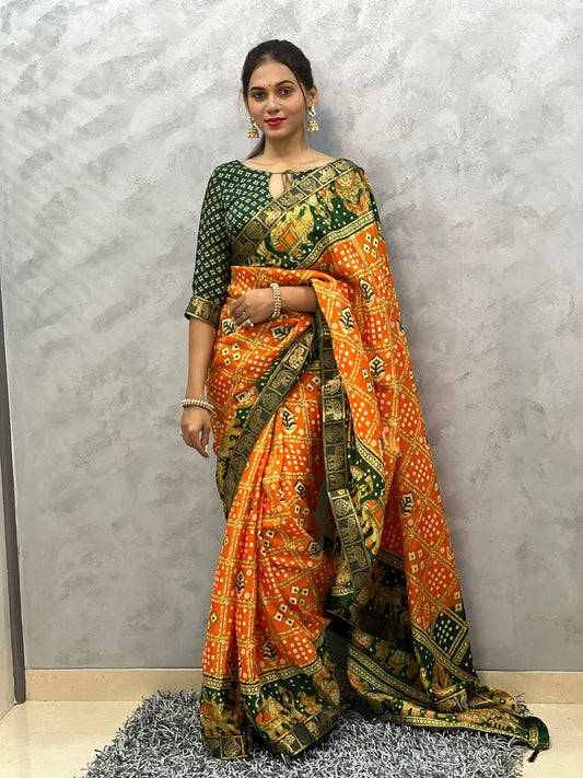 1-Min Ready To Wear Orange Saree In Beautiful Rich Pallu
