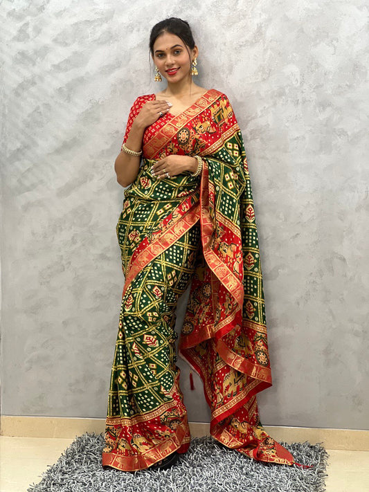 1-Min Ready To Wear Green Saree In Beautiful Rich Pallu
