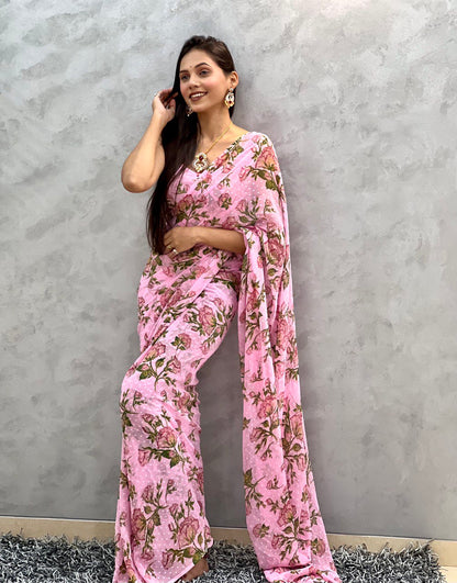 1 Min Ready To Wear Saree In Imported Pink Butti Chiffon With Heavy Blouse