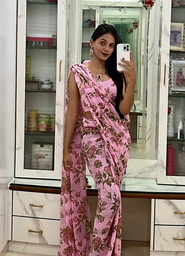 1 Min Ready To Wear Saree In Imported Pink Butti Chiffon With Heavy Blouse