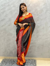 1 MIN READY TO WEAR SAREE  IN BLACK BANDHANI SOFT CHIFFON SAREE